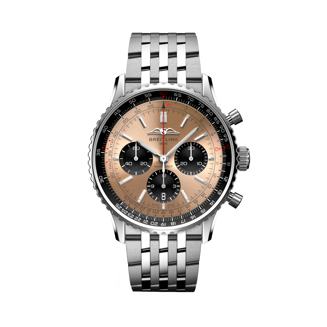 Breitling Navitimer B01 Chronograph 43 reference AB0138241K1A1 with Copper dial, Stainless steel case, bracelet, front view