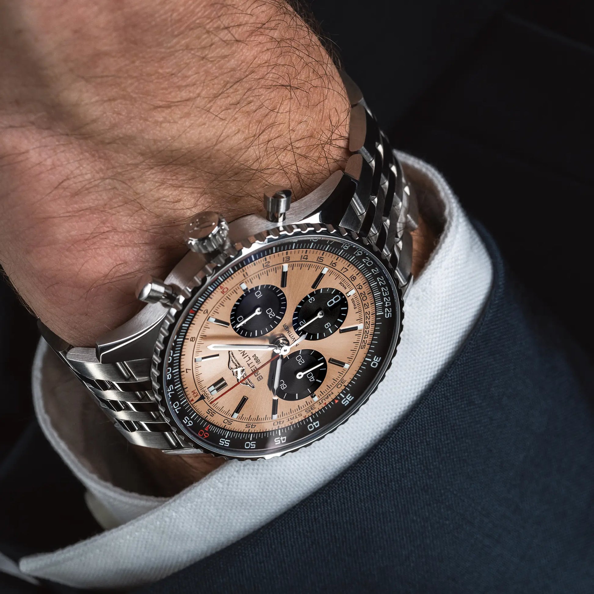 Breitling Navitimer B01 Chronograph 43 reference AB0138241K1A1 with Copper dial, Stainless steel case, bracelet, on-wrist view