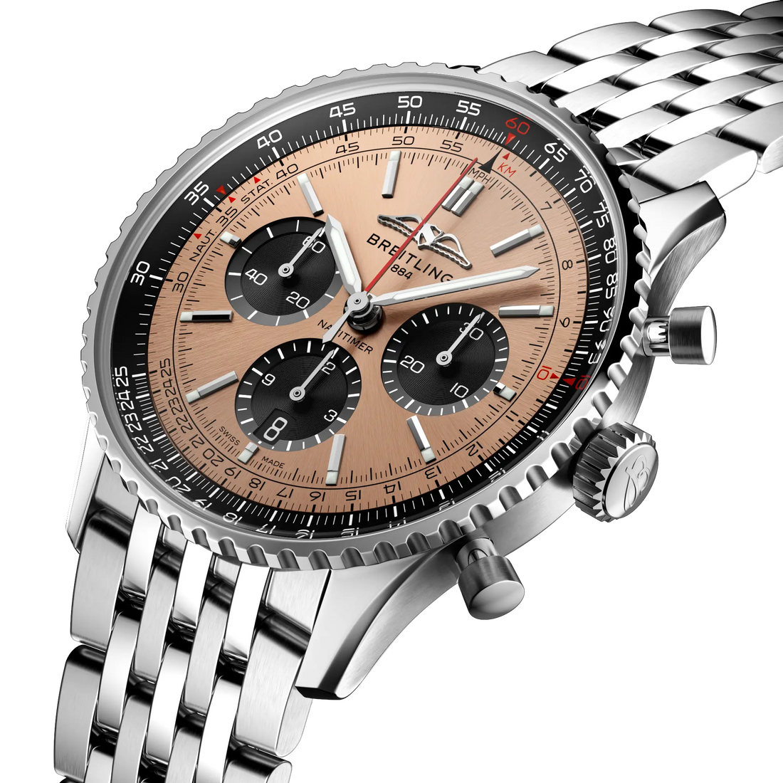 Breitling Navitimer B01 Chronograph 43 reference AB0138241K1A1 with Copper dial, Stainless steel case, bracelet, three-quarter view