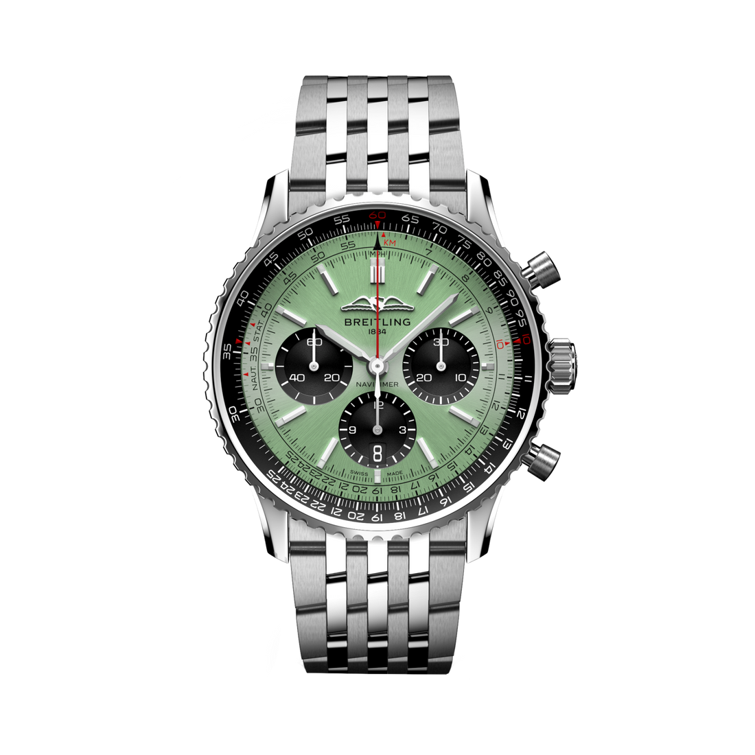 Breitling Navitimer B01 Chronograph 43 reference AB0138241L1A1 with Mint green dial, Stainless steel case, bracelet, front view