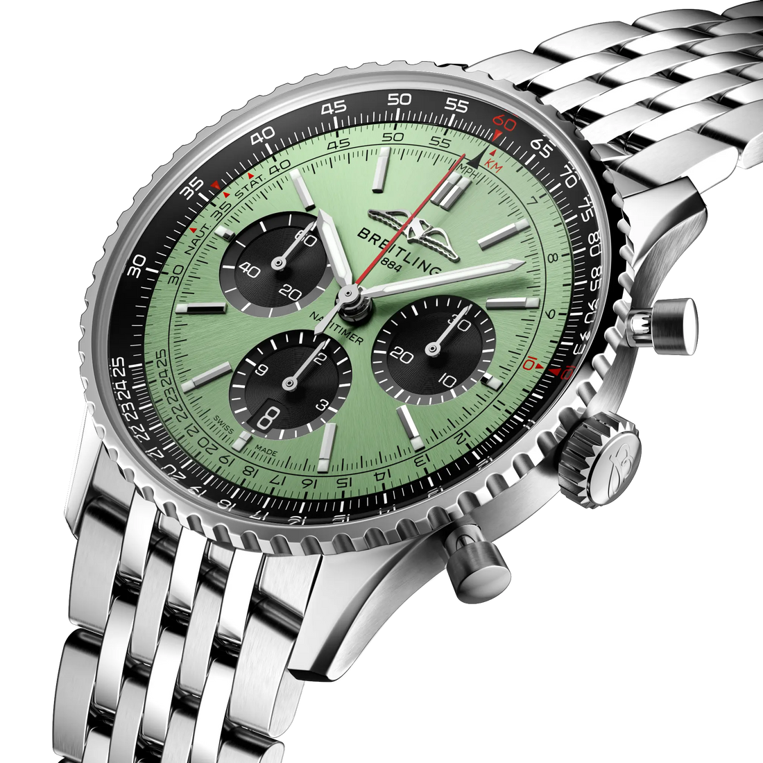 Breitling Navitimer B01 Chronograph 43 reference AB0138241L1A1 with Mint green dial, Stainless steel case, bracelet, three-quarter view
