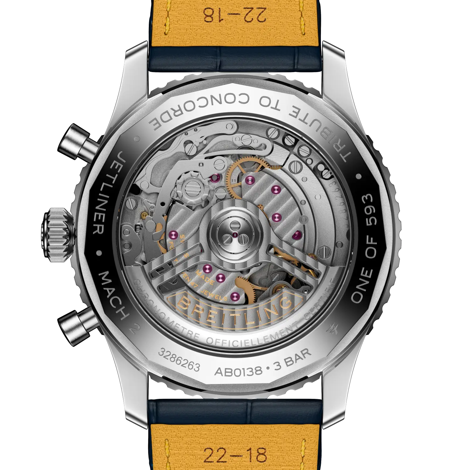 Caseback view of Breitling Navitimer B01 Chronograph 43 Tribute to Concorde reference AB01389C1C1P1