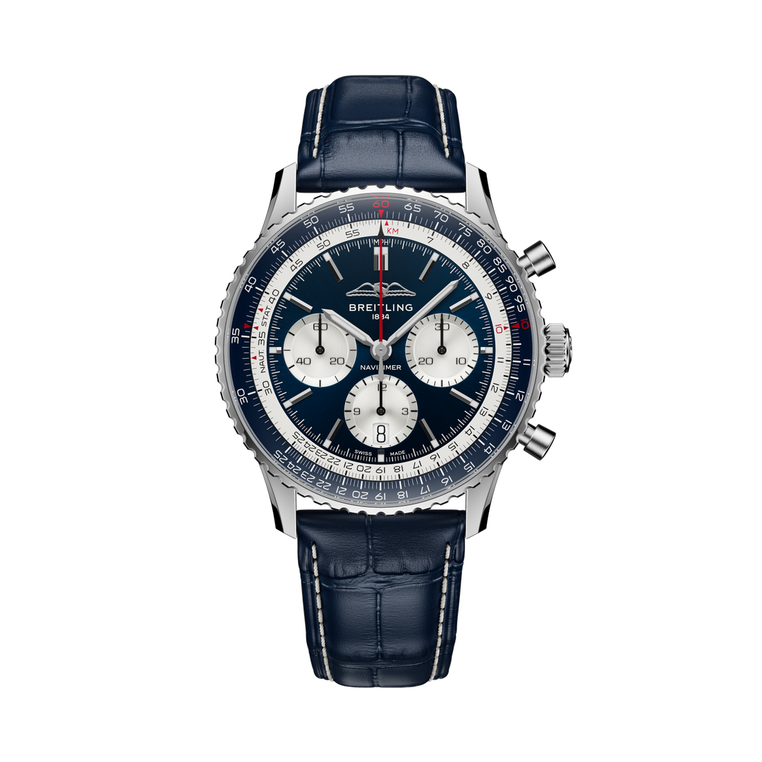 Breitling Navitimer B01 Chronograph 43 Tribute to Concorde reference AB01389C1C1P1 with Blue dial, Stainless steel case, alligator strap, front view