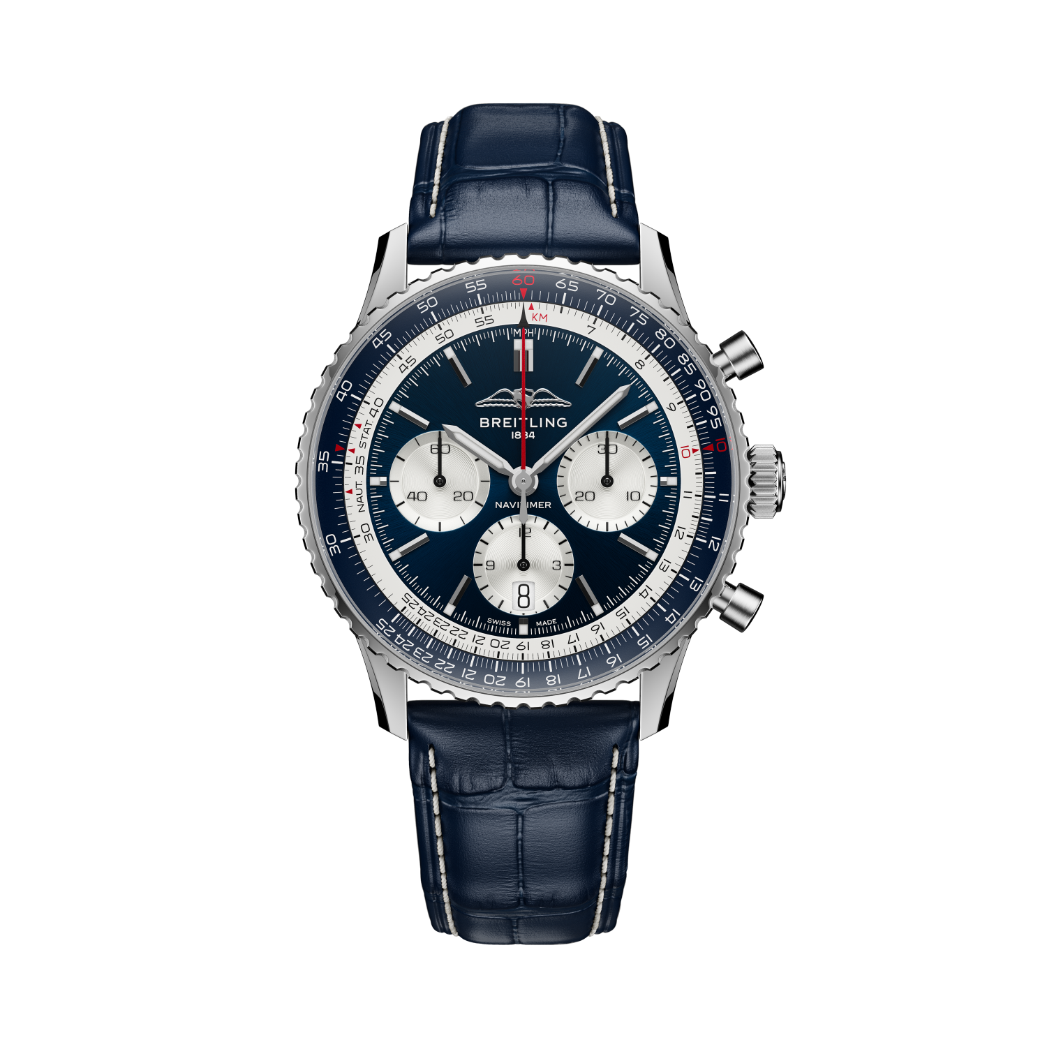 Breitling Navitimer B01 Chronograph 43 Tribute to Concorde reference AB01389C1C1P1 with Blue dial, Stainless steel case, alligator strap, front view