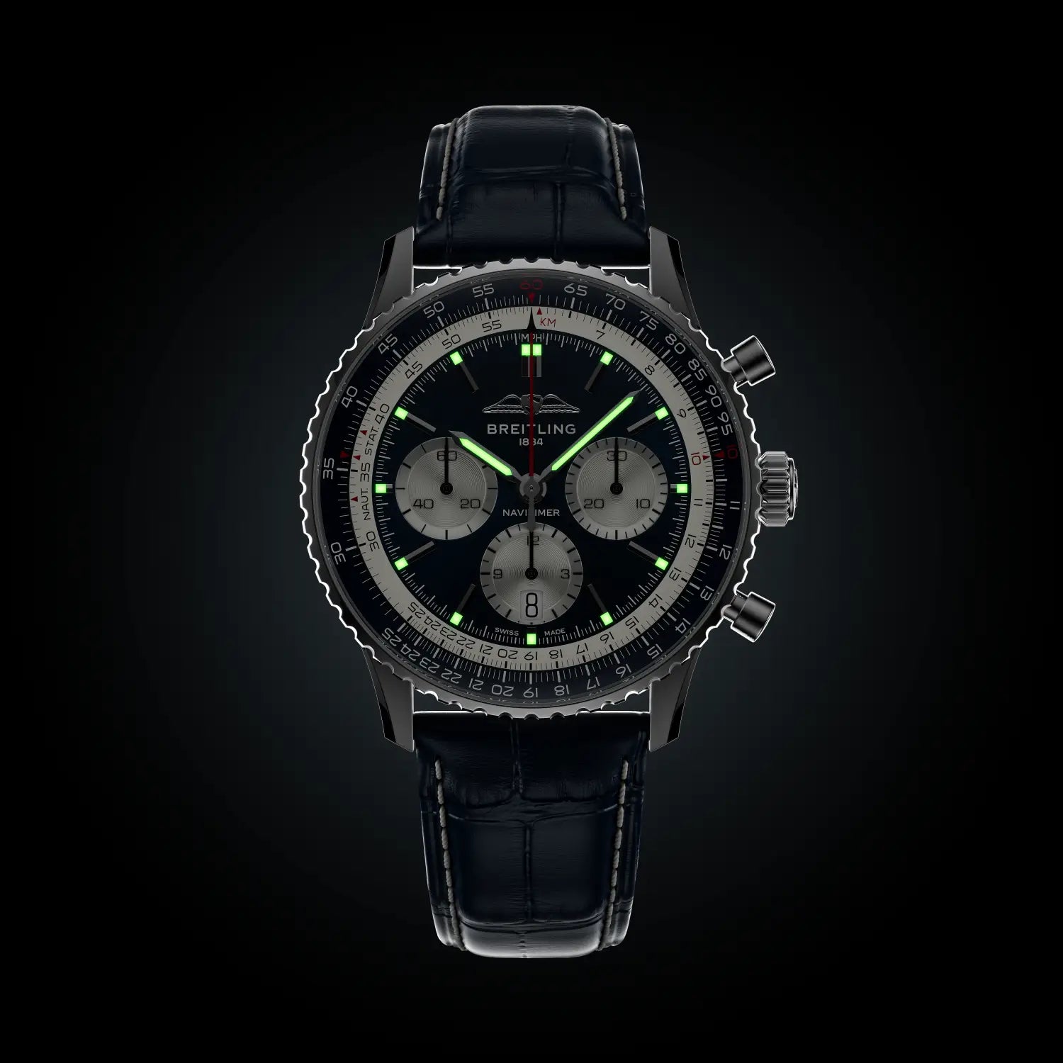 Breitling Navitimer B01 Chronograph 43 Tribute to Concorde reference AB01389C1C1P1 with Blue dial, Stainless steel case, alligator strap, illuminated dial view