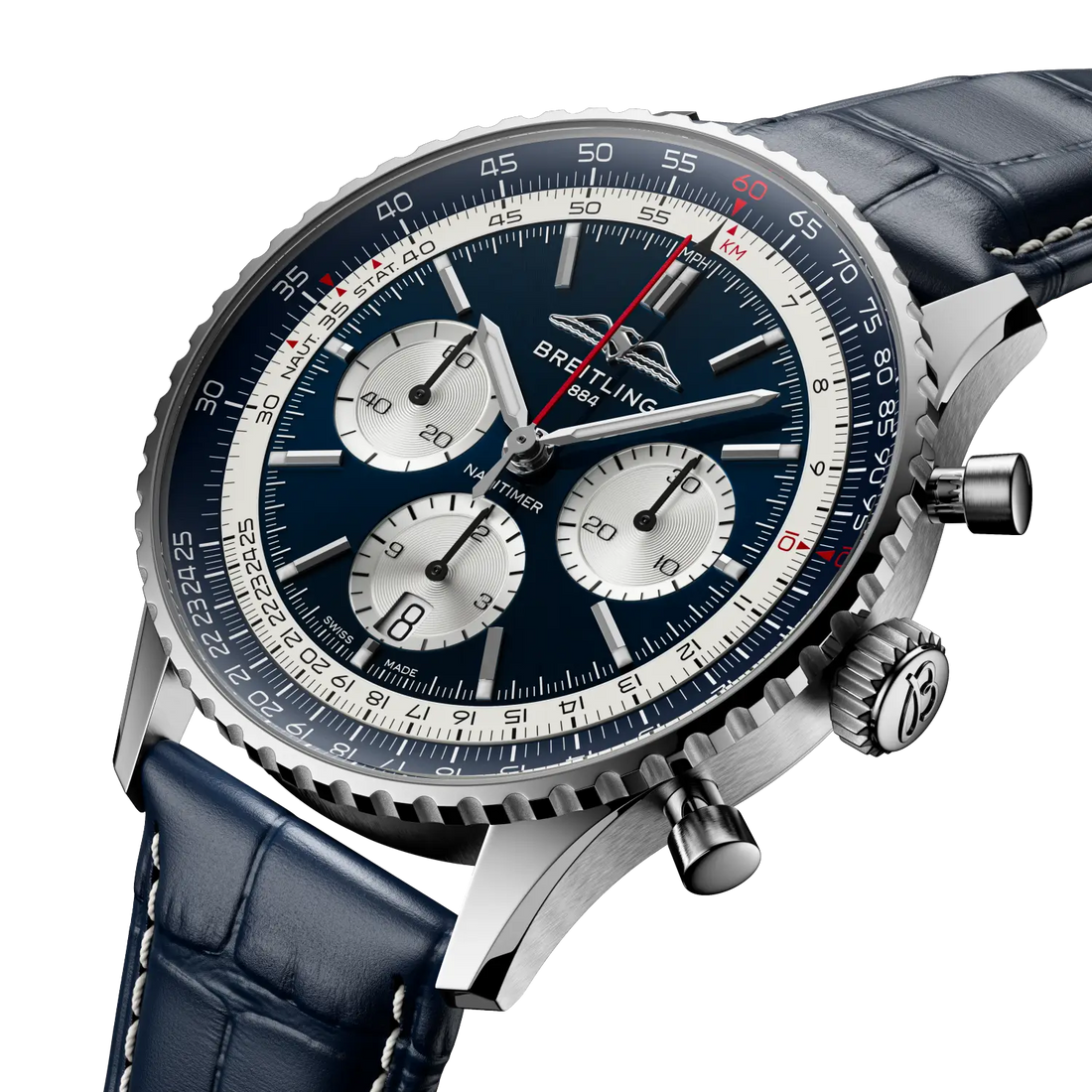Breitling Navitimer B01 Chronograph 43 Tribute to Concorde reference AB01389C1C1P1 with Blue dial, Stainless steel case, alligator strap, three-quarter view