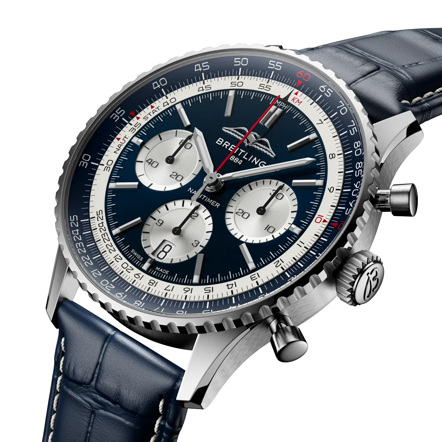 Breitling Navitimer B01 Chronograph 43 Tribute to Concorde reference AB01389C1C1P1 with Blue dial, Stainless steel case, alligator strap, three-quarter view