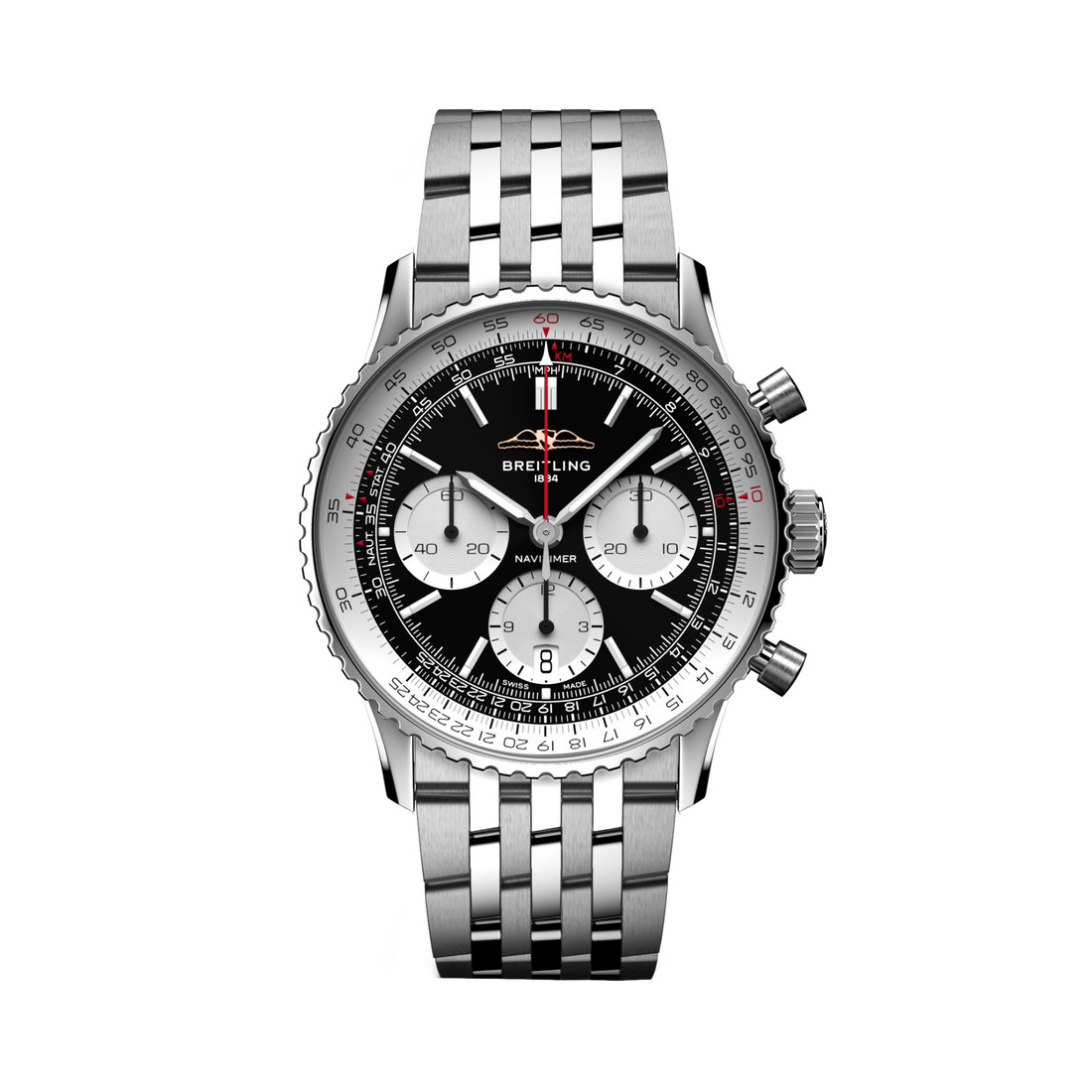 Breitling Navitimer B01 Chronograph 41 reference AB0139211B1A1 with Black dial, Stainless steel case, bracelet, front view