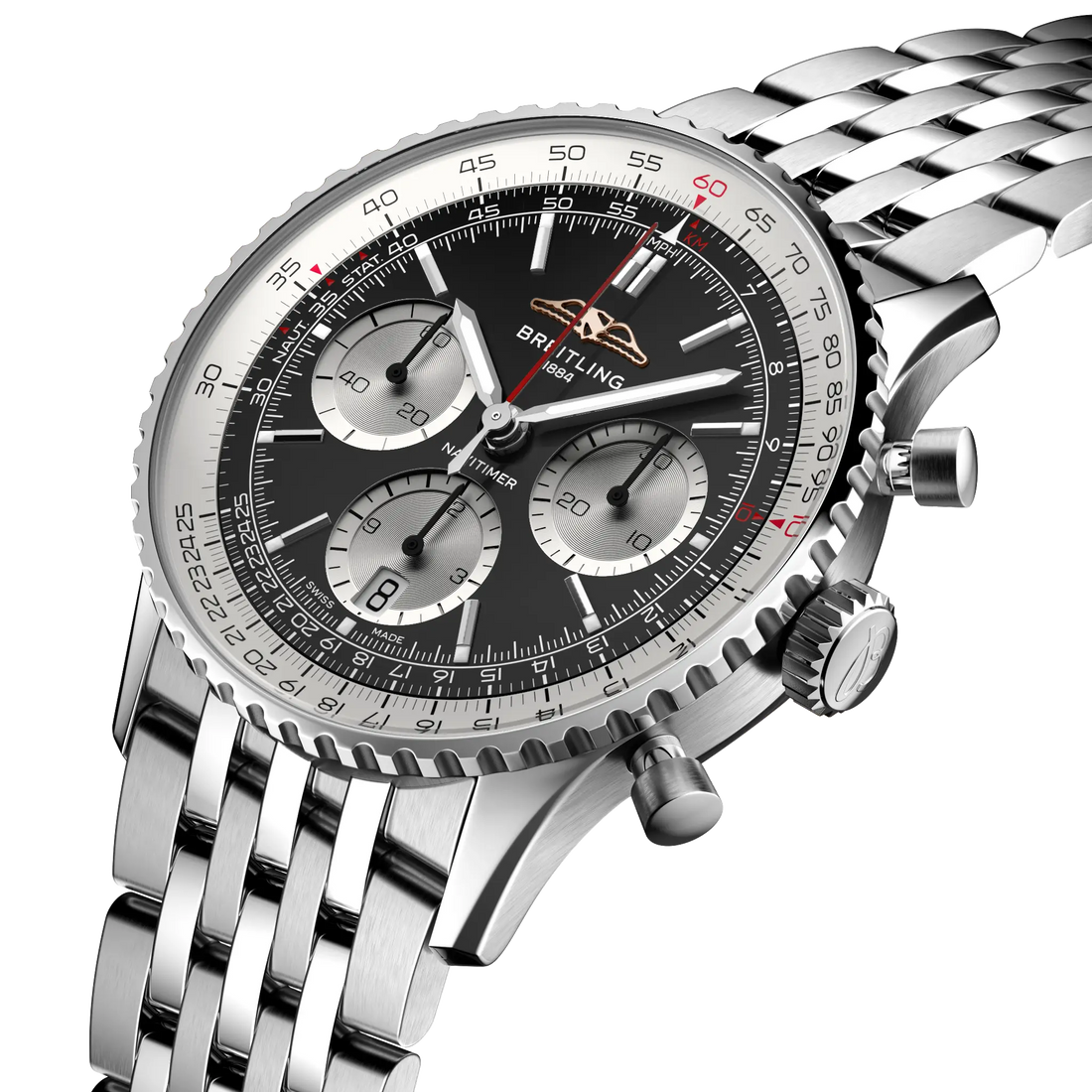 Breitling Navitimer B01 Chronograph 41 reference AB0139211B1A1 with Black dial, Stainless steel case, bracelet, three-quarter view