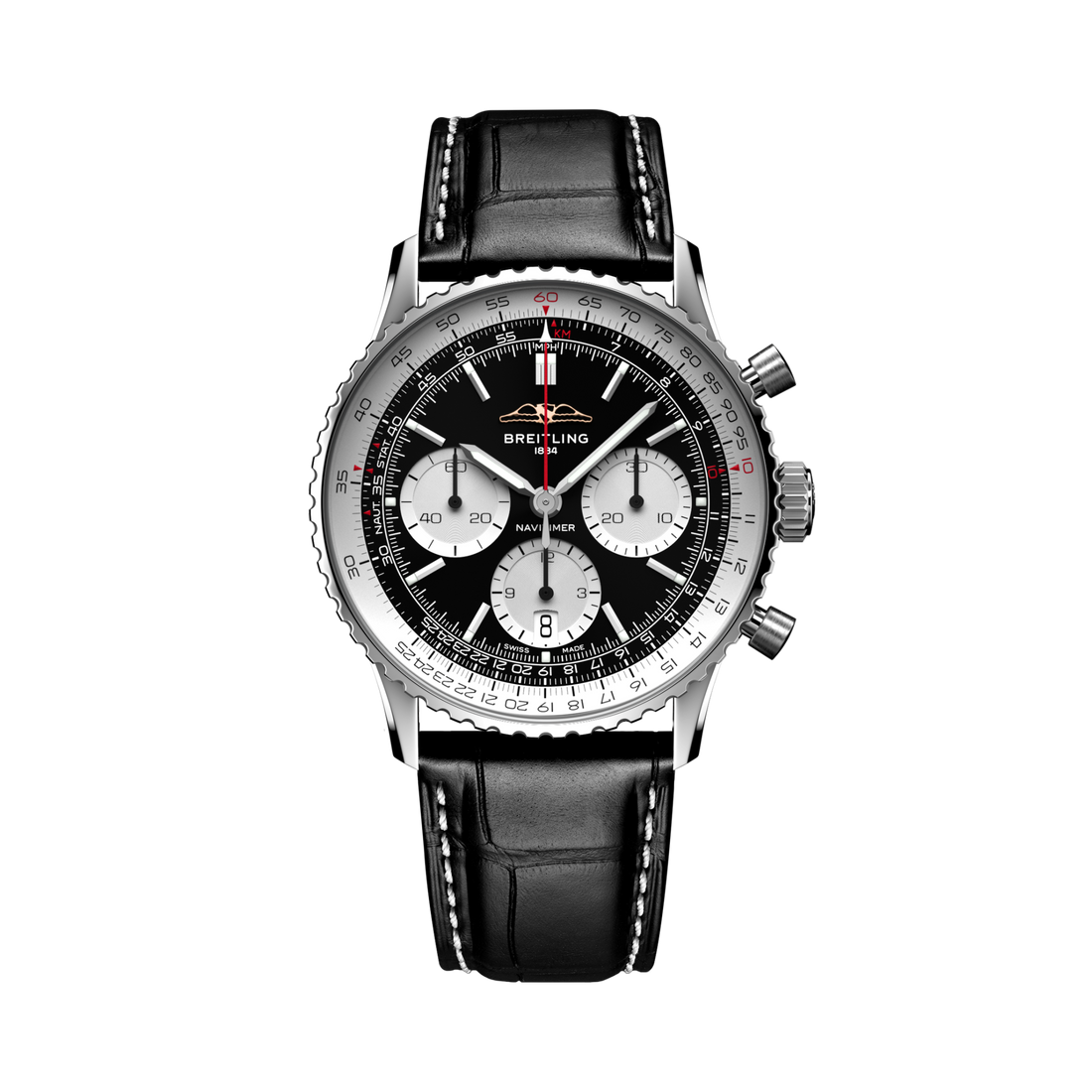 Breitling Navitimer B01 Chronograph 41 reference AB0139211B1P1 with Black dial, Stainless steel case, black alligator strap, front view