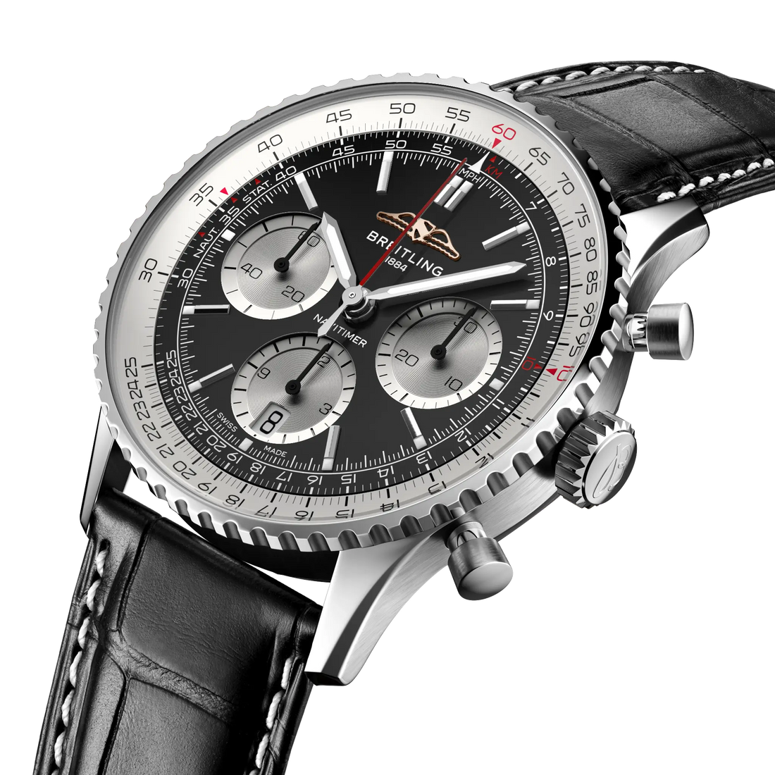 Breitling Navitimer B01 Chronograph 41 reference AB0139211B1P1 with Black dial, Stainless steel case, black alligator strap, three-quarter view