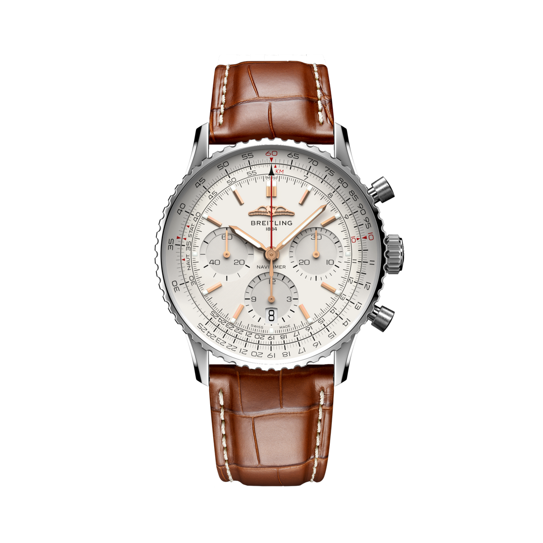 Breitling Navitimer B01 Chronograph 41 reference AB0139211G1P1 with Cream dial, Stainless steel case, alligator strap, front view
