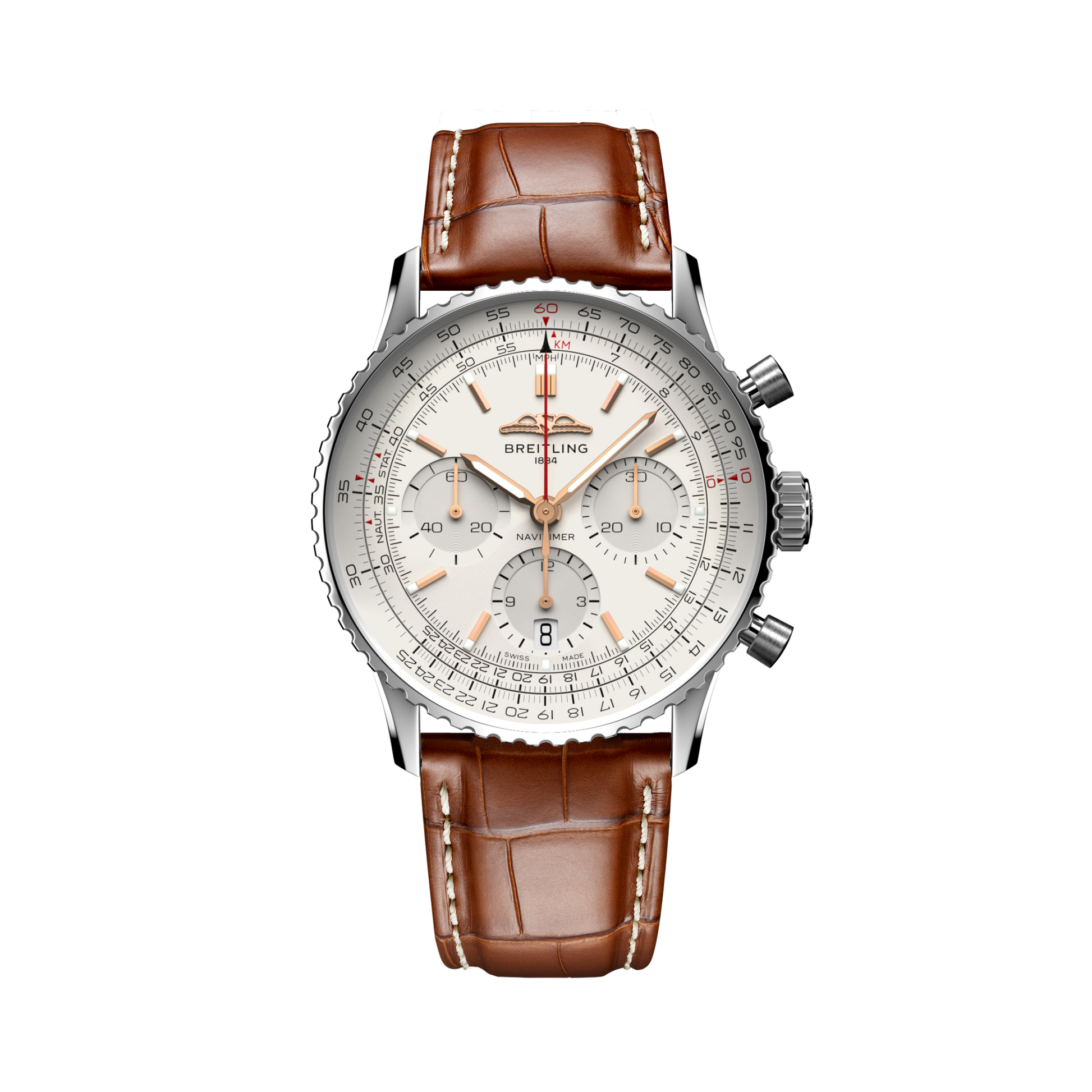 Breitling Navitimer B01 Chronograph 41 reference AB0139211G1P1 with Cream dial, Stainless steel case, alligator strap, front view