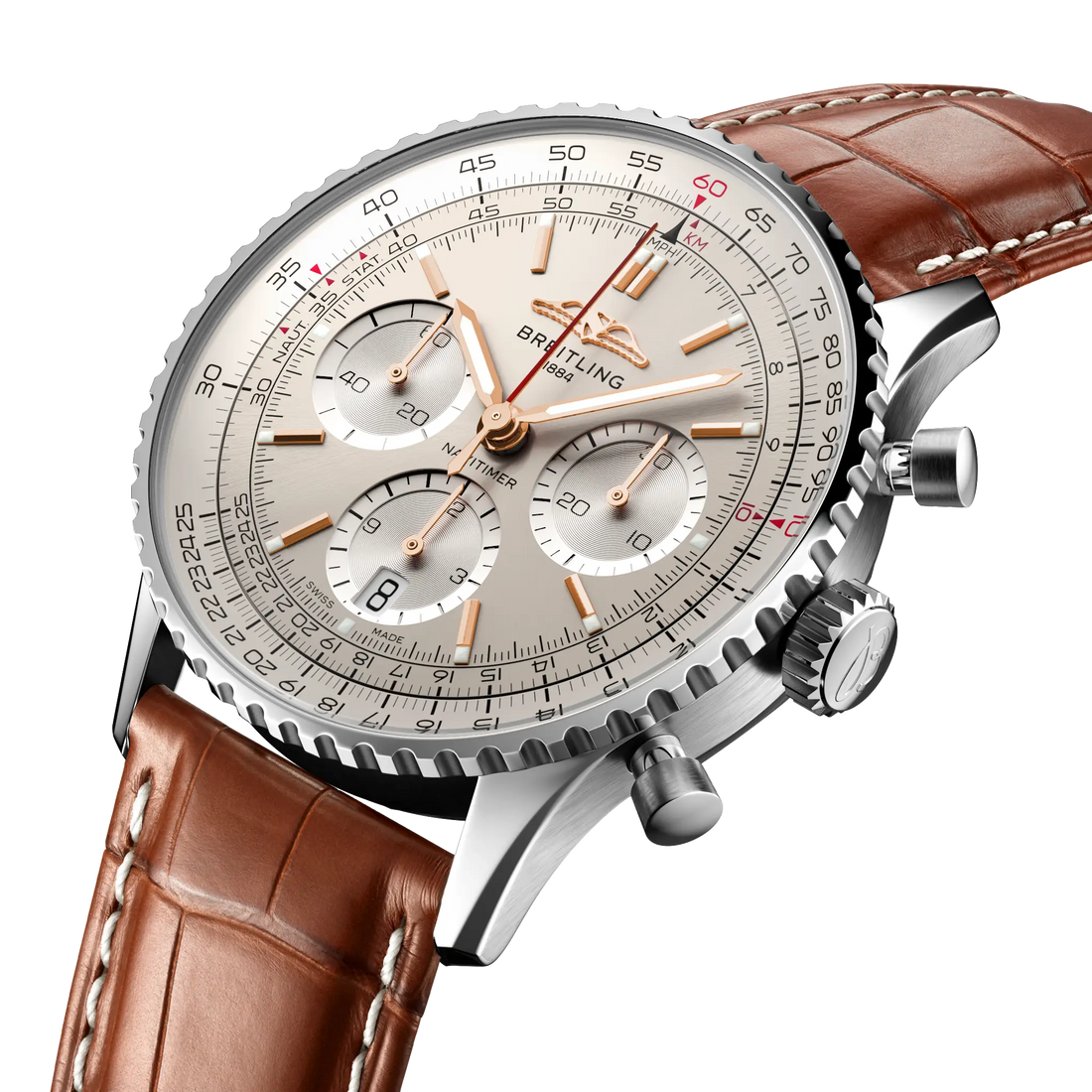 Breitling Navitimer B01 Chronograph 41 reference AB0139211G1P1 with Cream dial, Stainless steel case, alligator strap, three-quarter view