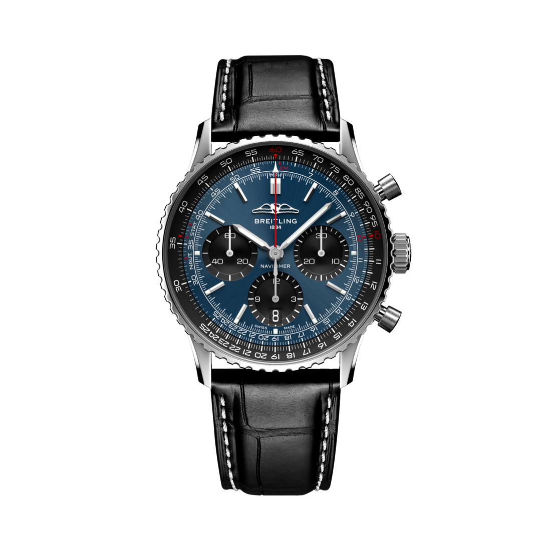 Breitling Navitimer B01 Chronograph 41 reference AB0139241C1P1 with Blue dial, Stainless steel case, black alligator strap, front view