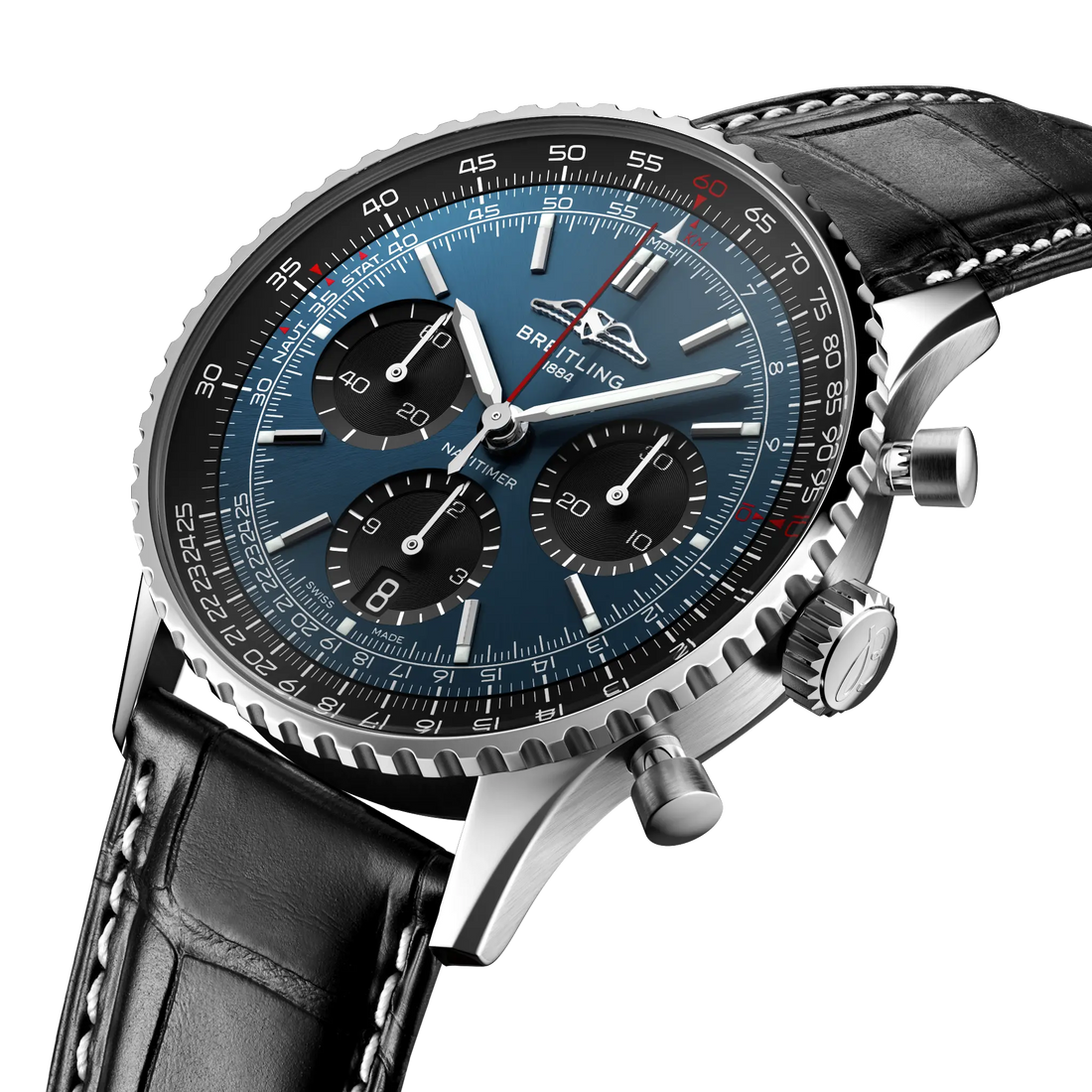 Breitling Navitimer B01 Chronograph 41 reference AB0139241C1P1 with Blue dial, Stainless steel case, black alligator strap, three-quarter view