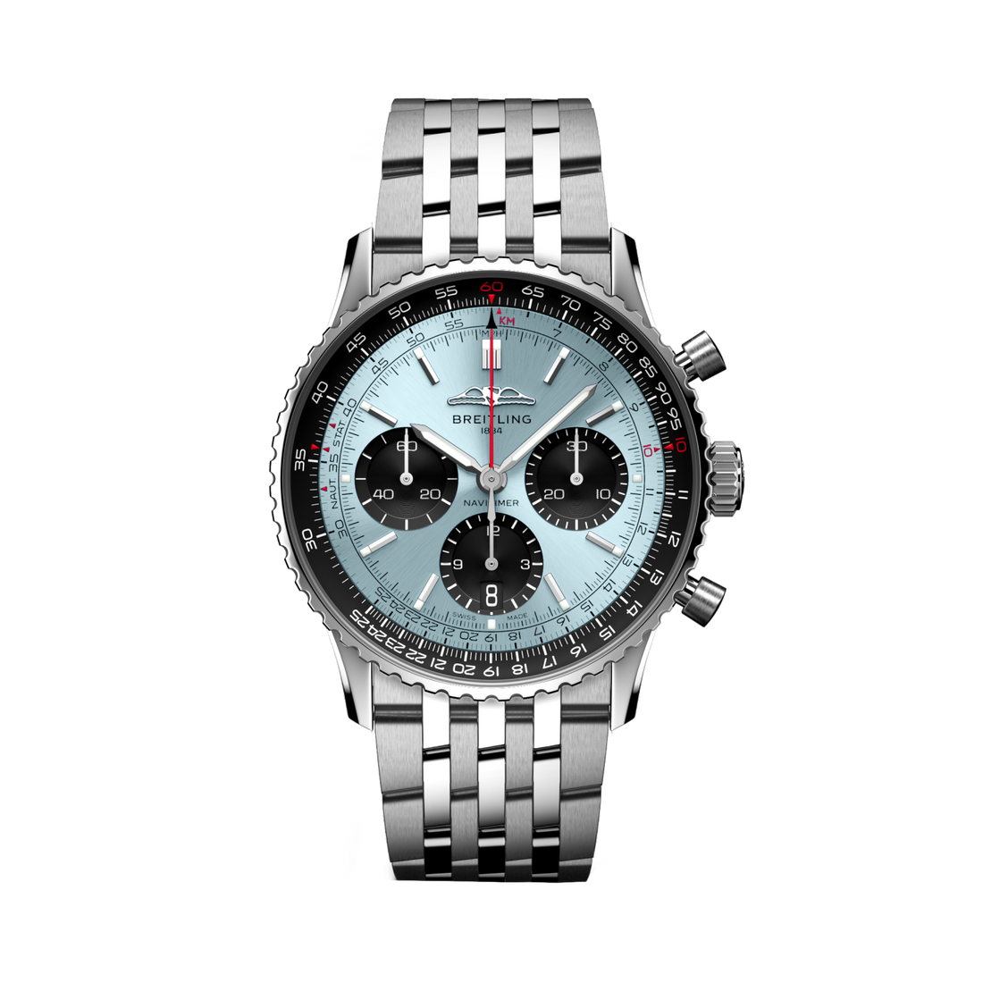 Breitling Navitimer B01 Chronograph 41 reference AB0139241C2A1 with Ice blue dial, Stainless steel case, bracelet, front view