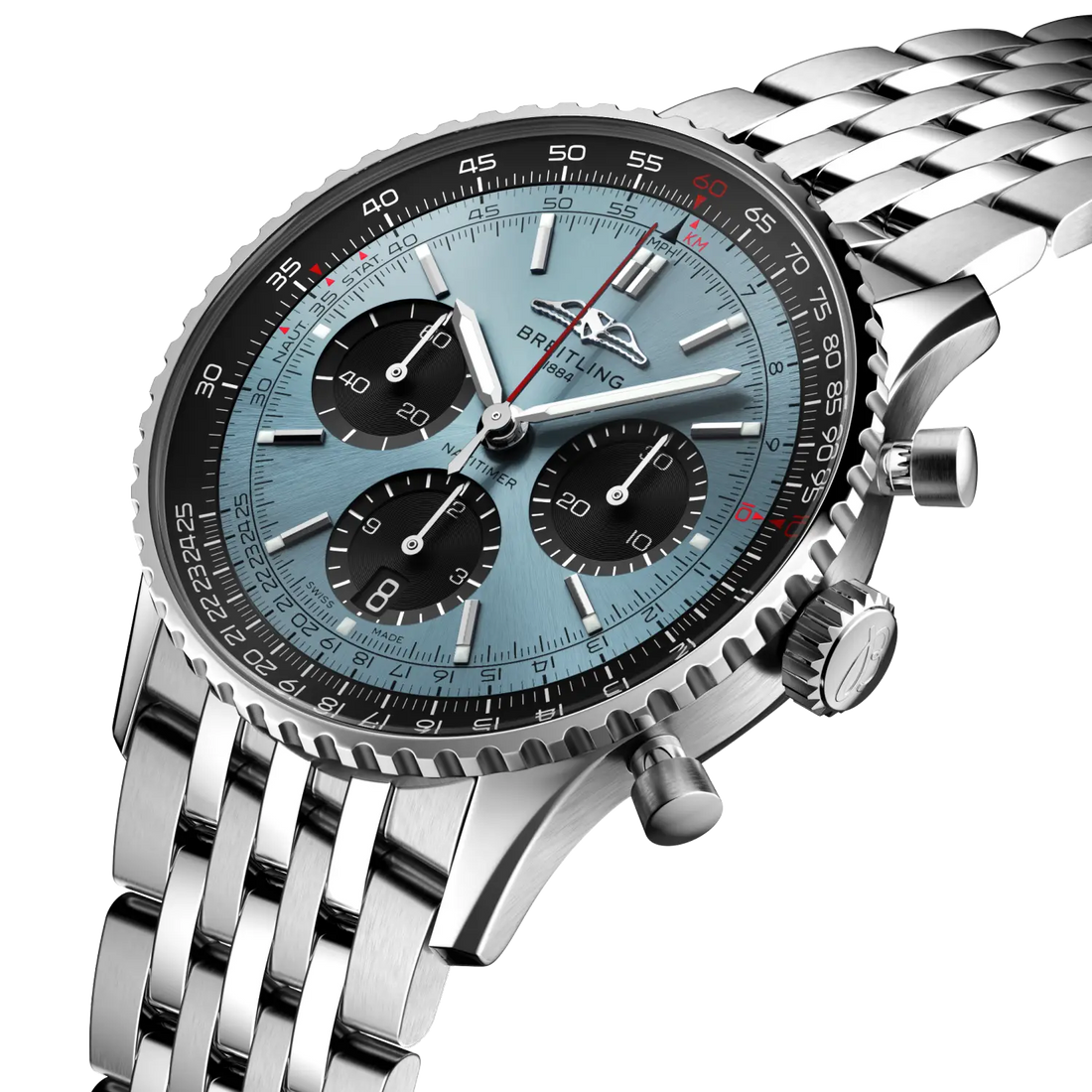 Breitling Navitimer B01 Chronograph 41 reference AB0139241C2A1 with Ice blue dial, Stainless steel case, bracelet, three-quarter view