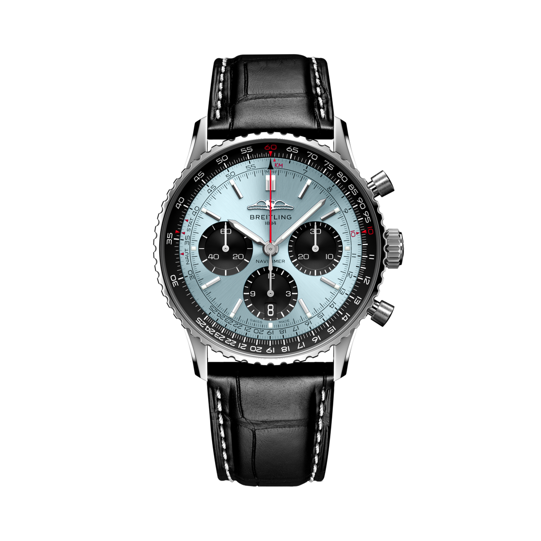 Breitling Navitimer B01 Chronograph 41 reference AB0139241C2P1 with Ice blue dial, Stainless steel case, black alligator strap, front view