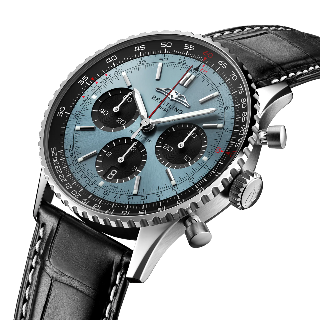 Breitling Navitimer B01 Chronograph 41 reference AB0139241C2P1 with Ice blue dial, Stainless steel case, black alligator strap, three-quarter view