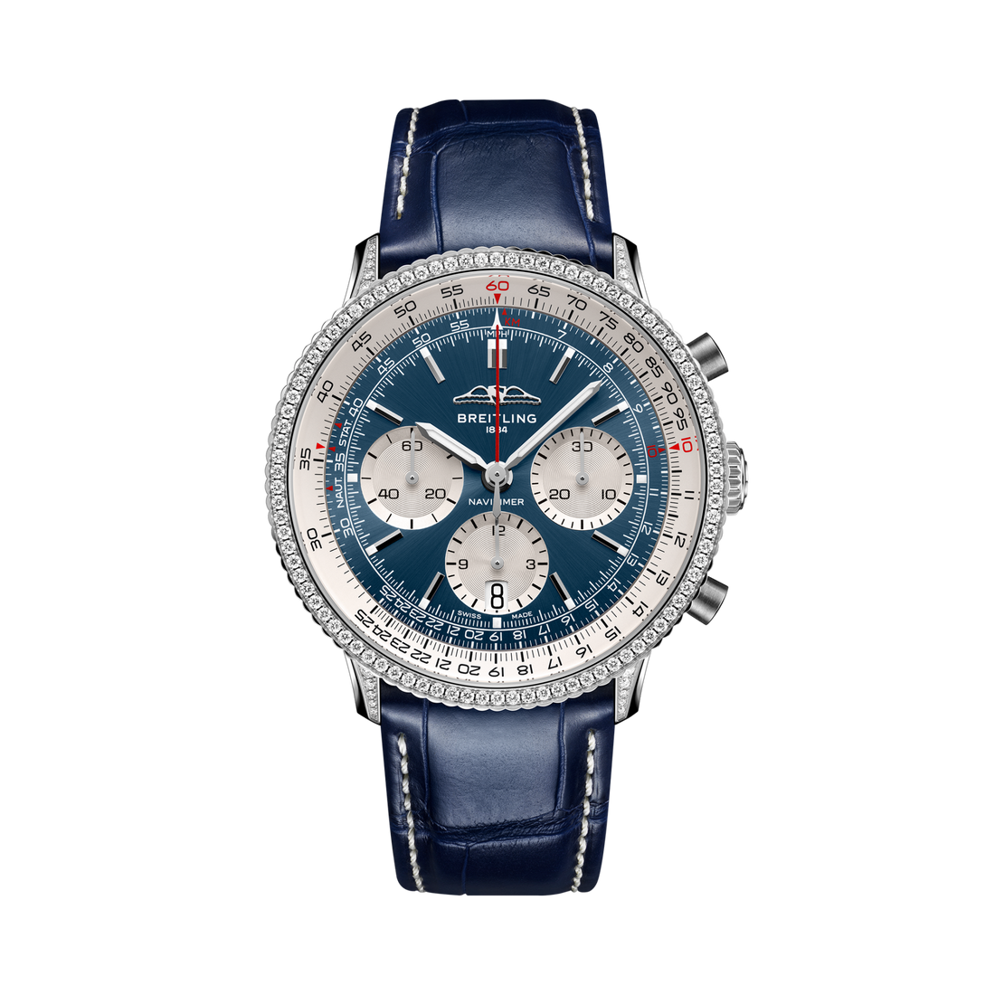 Breitling Navitimer B01 Chronograph 41 reference AB0139631C1P1 with Blue dial, Stainless steel (gem-set) case, alligator strap, front view
