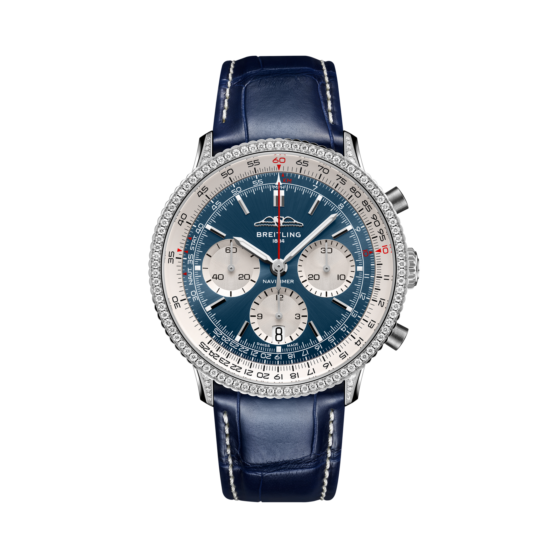Breitling Navitimer B01 Chronograph 41 reference AB0139631C1P1 with Blue dial, Stainless steel (gem-set) case, alligator strap, front view