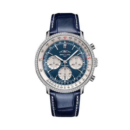 Breitling Navitimer B01 Chronograph 41 reference AB0139631C1P1 with Blue dial, Stainless steel (gem-set) case, alligator strap, front view