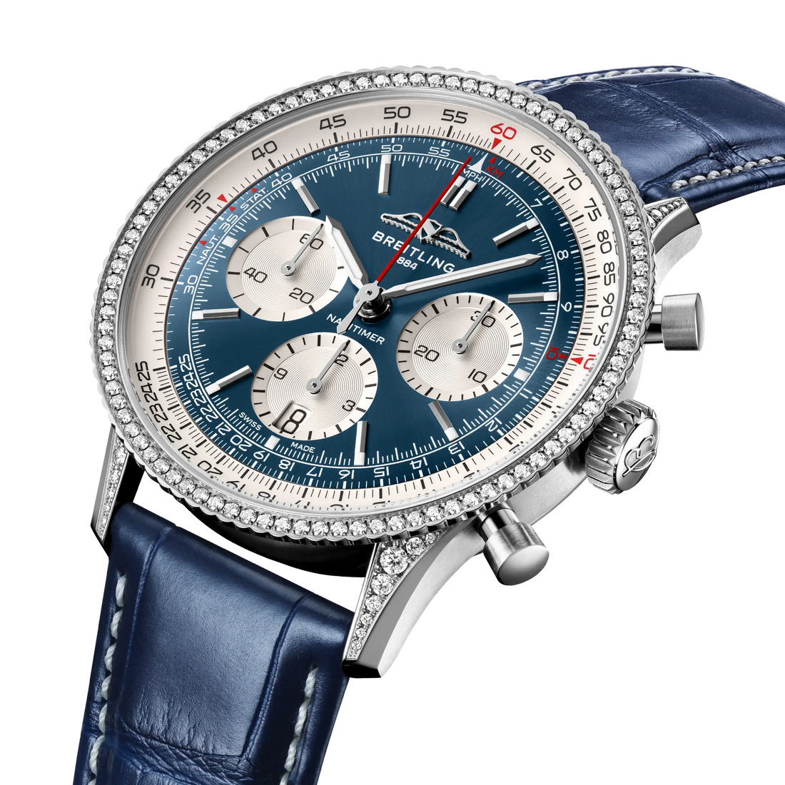 Breitling Navitimer B01 Chronograph 41 reference AB0139631C1P1 with Blue dial, Stainless steel (gem-set) case, alligator strap, three-quarter view