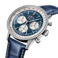 Breitling Navitimer B01 Chronograph 41 reference AB0139631C1P1 with Blue dial, Stainless steel (gem-set) case, alligator strap, three-quarter view