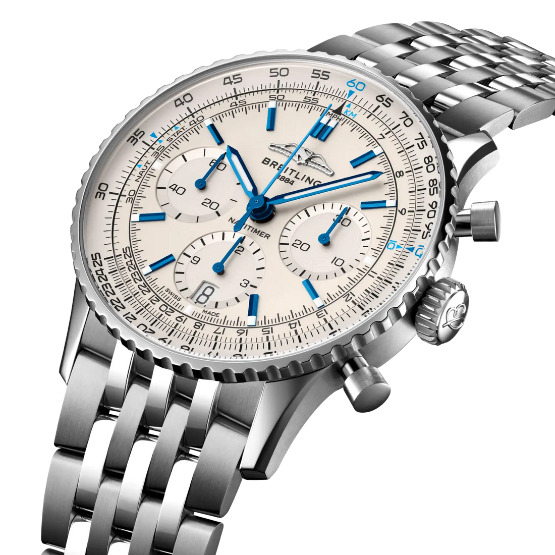 Breitling Navitimer B01 Chronograph 41 reference AB0139A71G1A1 with Cream dial, Stainless steel case, bracelet, three-quarter view