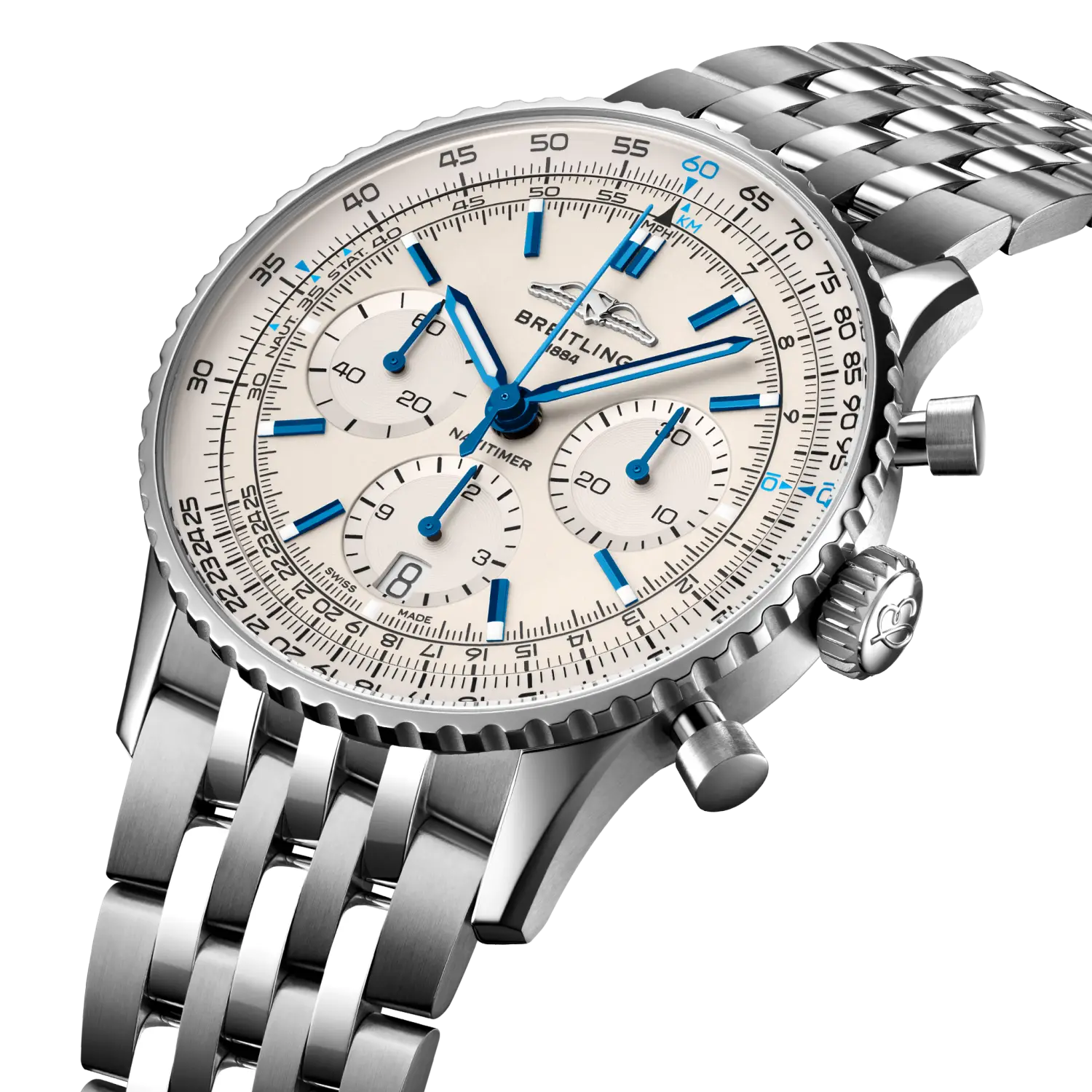 Breitling Navitimer B01 Chronograph 41 reference AB0139A71G1A1 with Cream dial, Stainless steel case, bracelet, three-quarter view