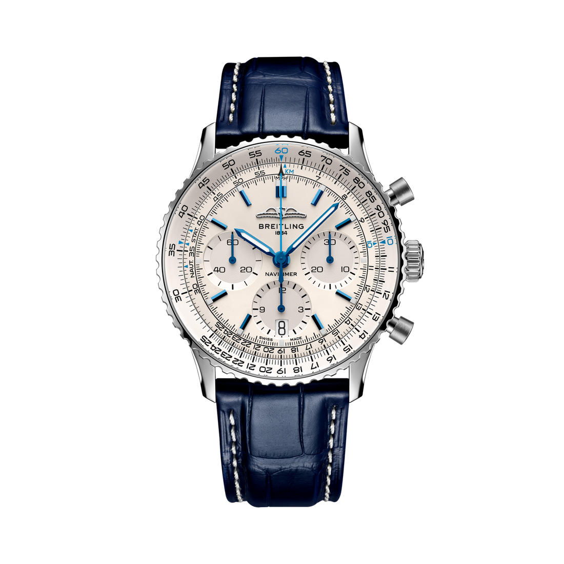 Breitling Navitimer B01 Chronograph 41 reference AB0139A71G1P1 with Cream dial, Stainless steel case, blue alligator strap, front view