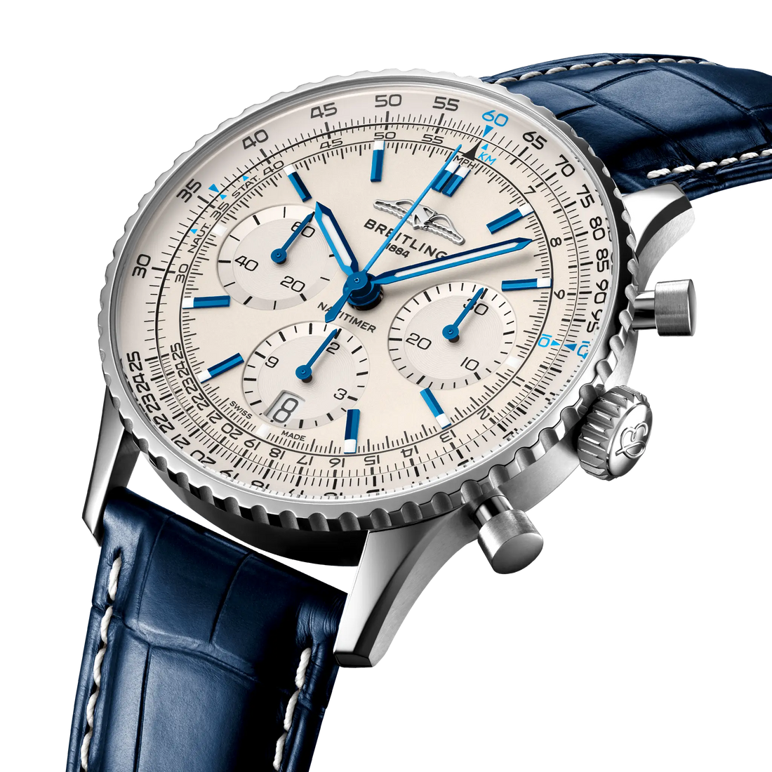 Breitling Navitimer B01 Chronograph 41 reference AB0139A71G1P1 with Cream dial, Stainless steel case, blue alligator strap, three-quarter view