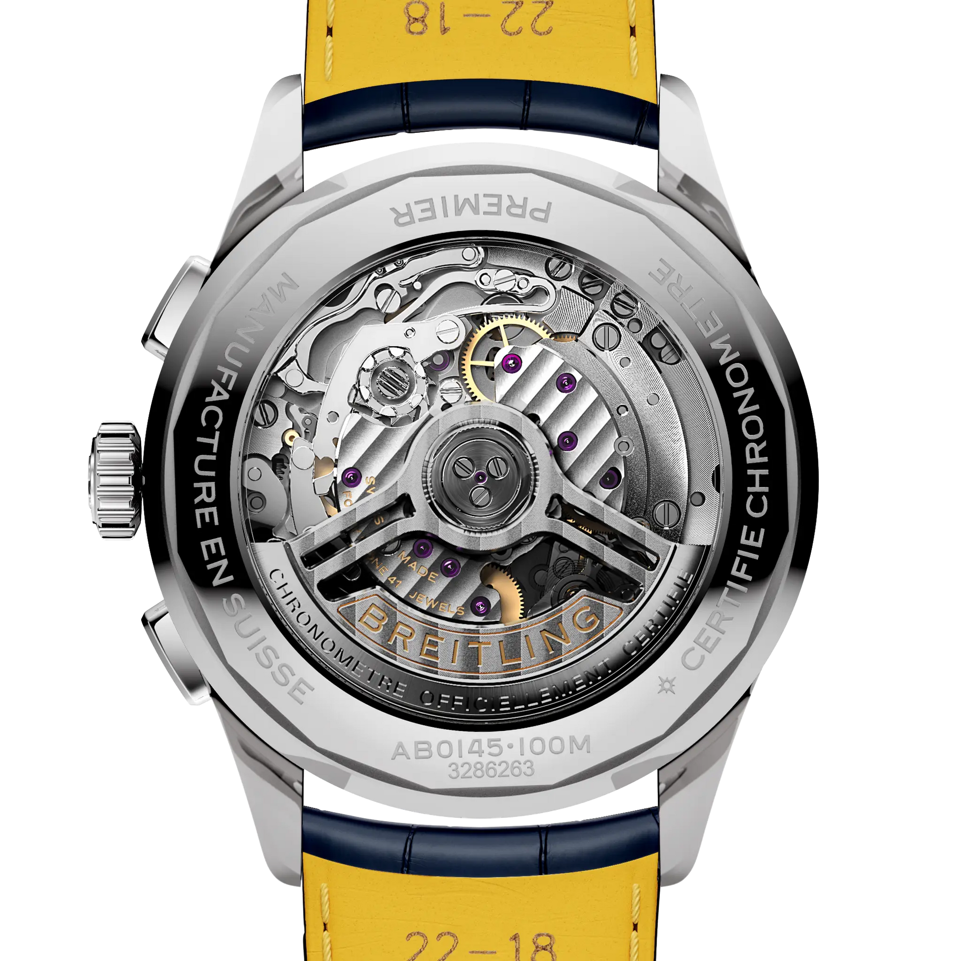 Caseback view of Breitling Premier B01 Chronograph 42 reference AB0145171C1P2