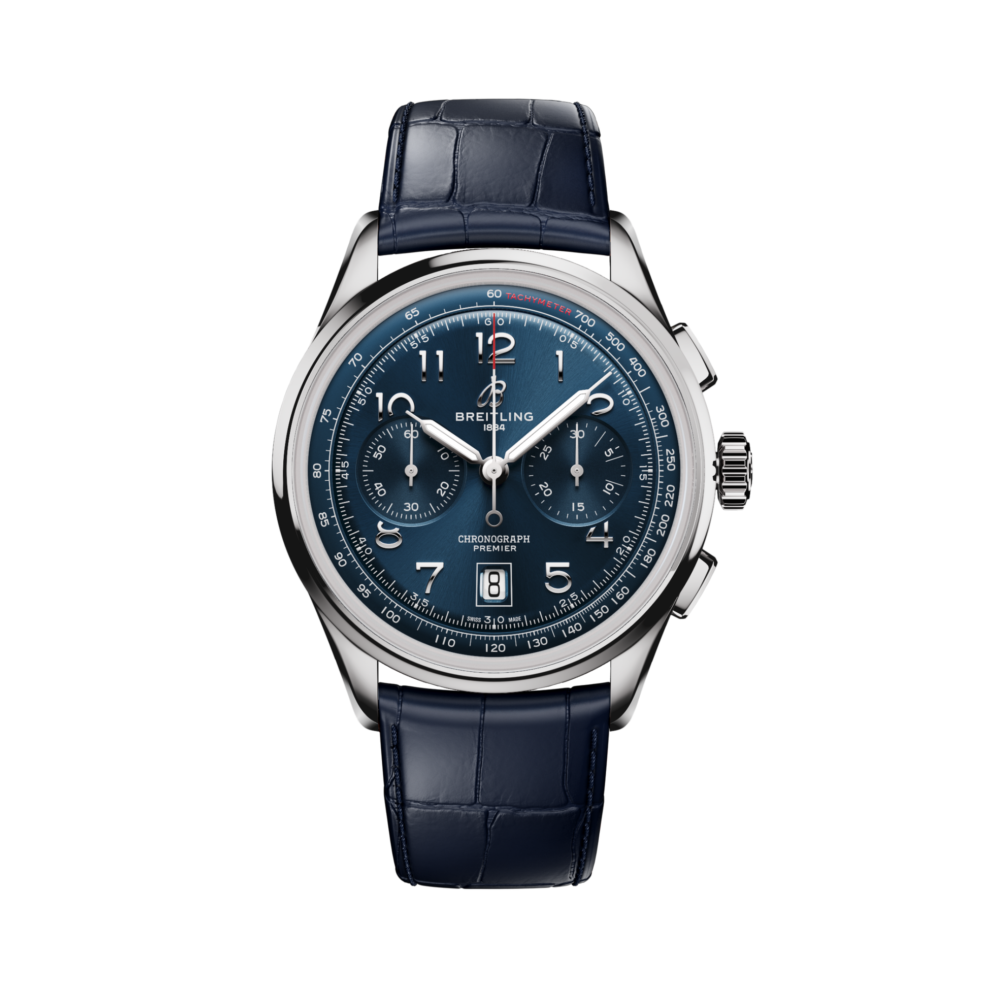 Breitling Premier B01 Chronograph 42 reference AB0145171C1P2 with Blue dial, Stainless steel case, alligator strap, front view