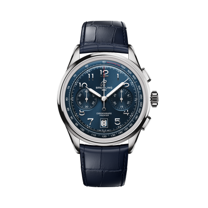 Breitling Premier B01 Chronograph 42 reference AB0145171C1P2 with Blue dial, Stainless steel case, alligator strap, front view