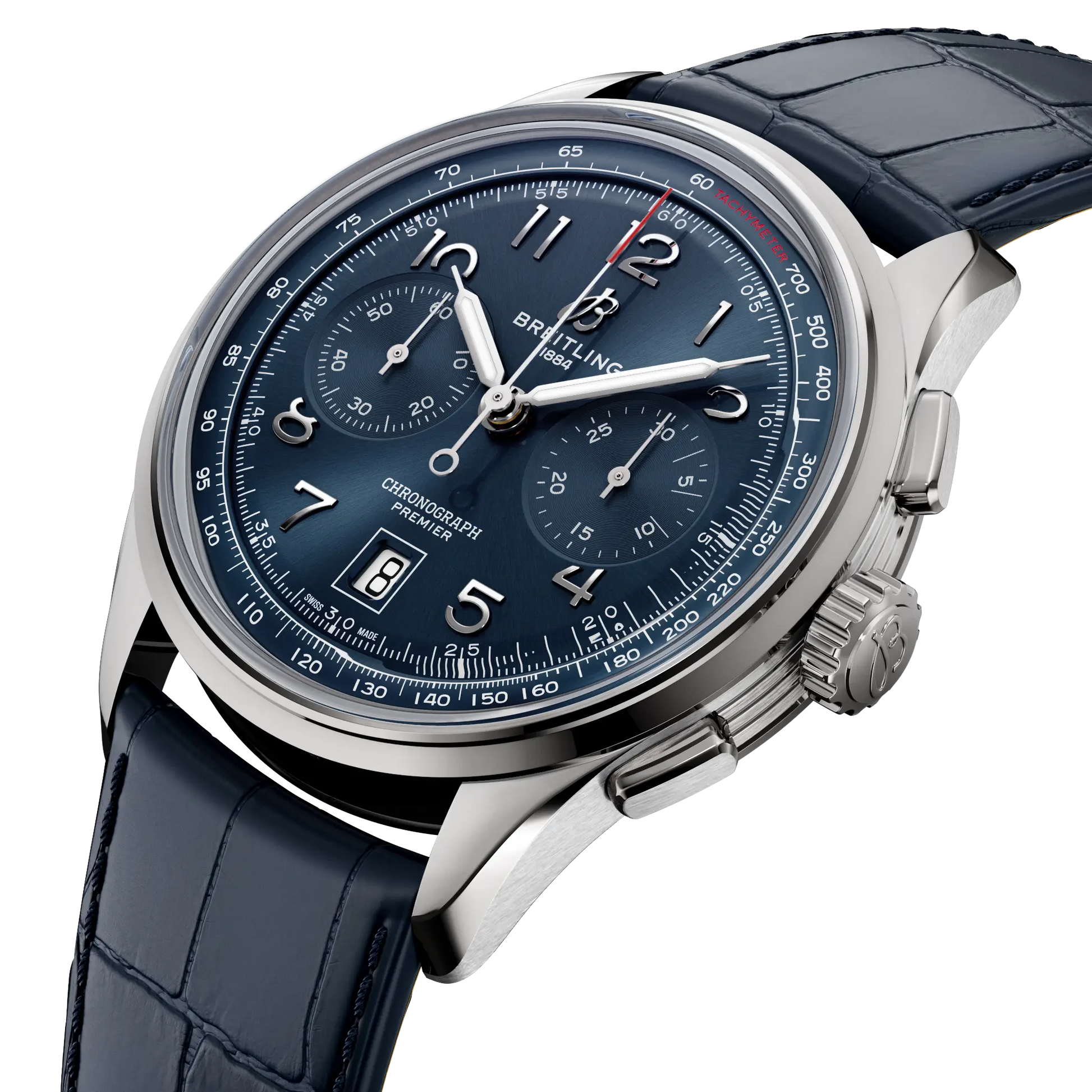 Breitling Premier B01 Chronograph 42 reference AB0145171C1P2 with Blue dial, Stainless steel case, alligator strap, three-quarter view
