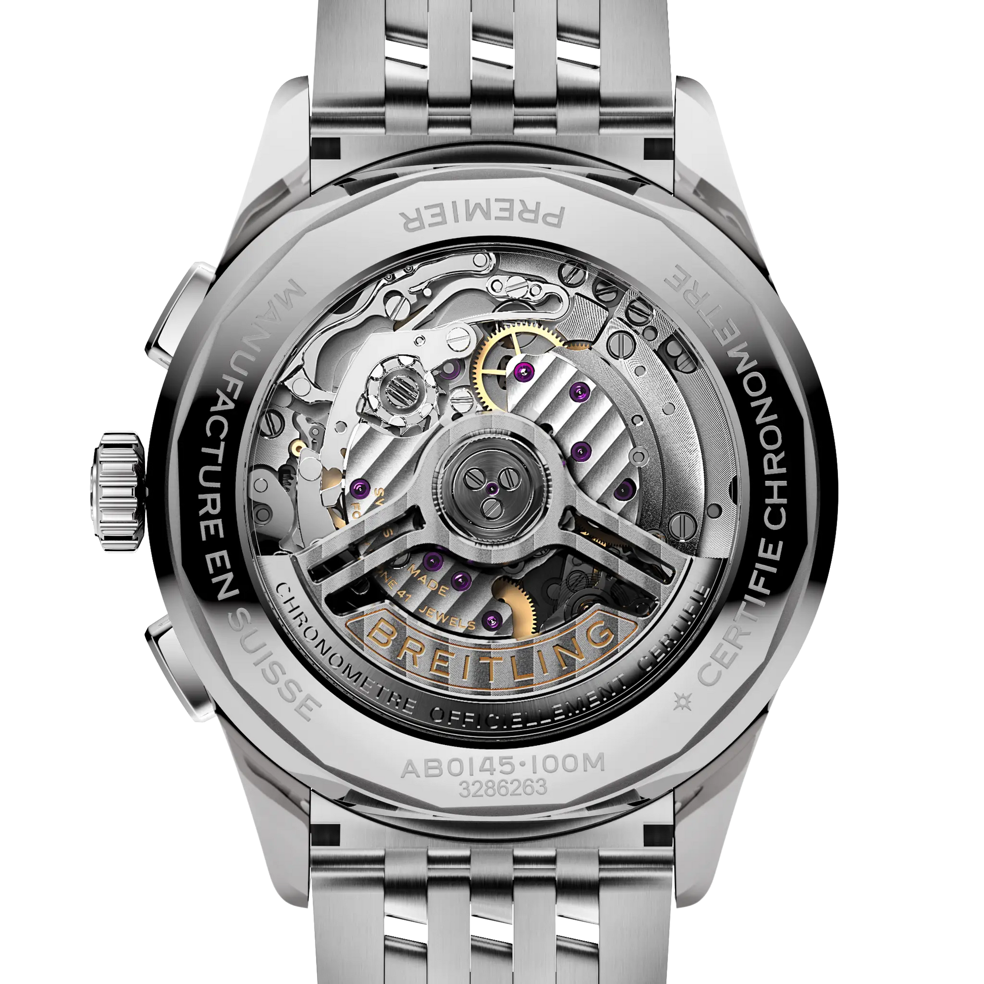 Caseback view of Breitling Premier B01 Chronograph 42 reference AB0145211G1A1