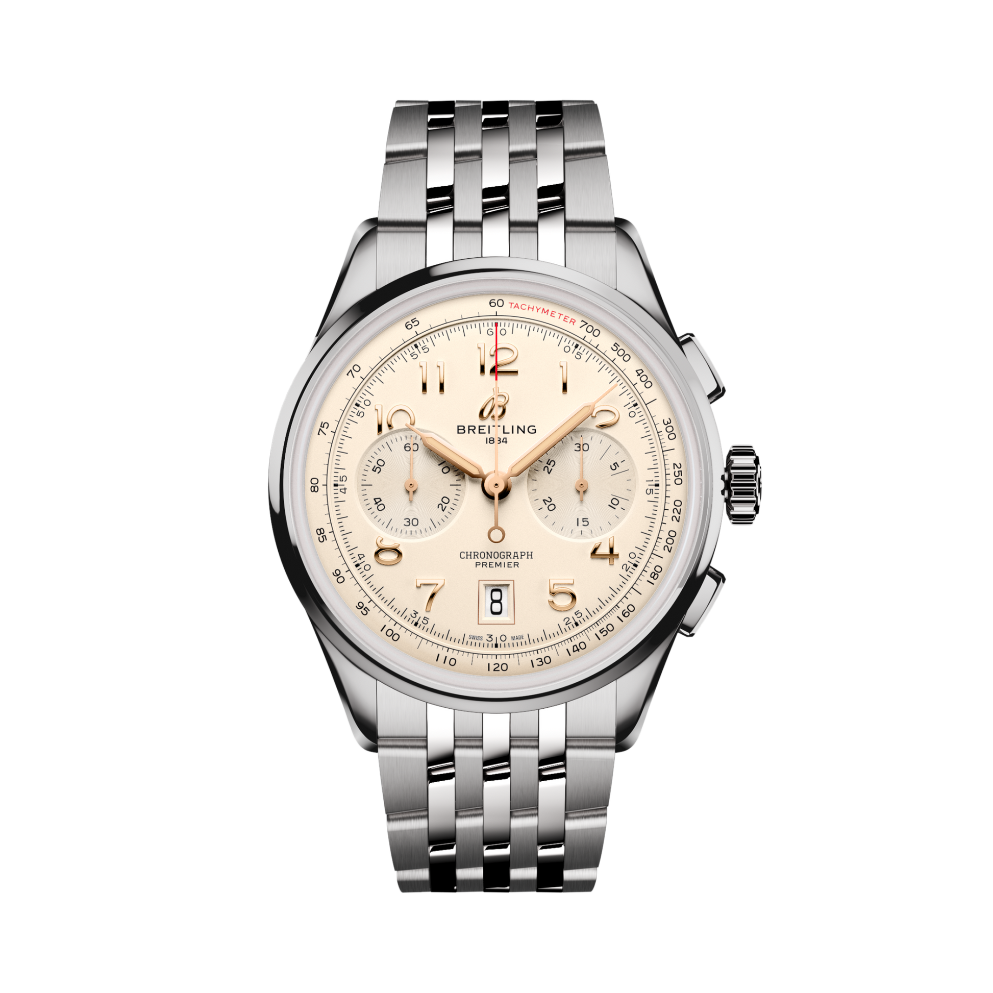 Breitling Premier B01 Chronograph 42 reference AB0145211G1A1 with Cream dial, Stainless steel case, bracelet, front view