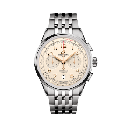 Breitling Premier B01 Chronograph 42 reference AB0145211G1A1 with Cream dial, Stainless steel case, bracelet, front view