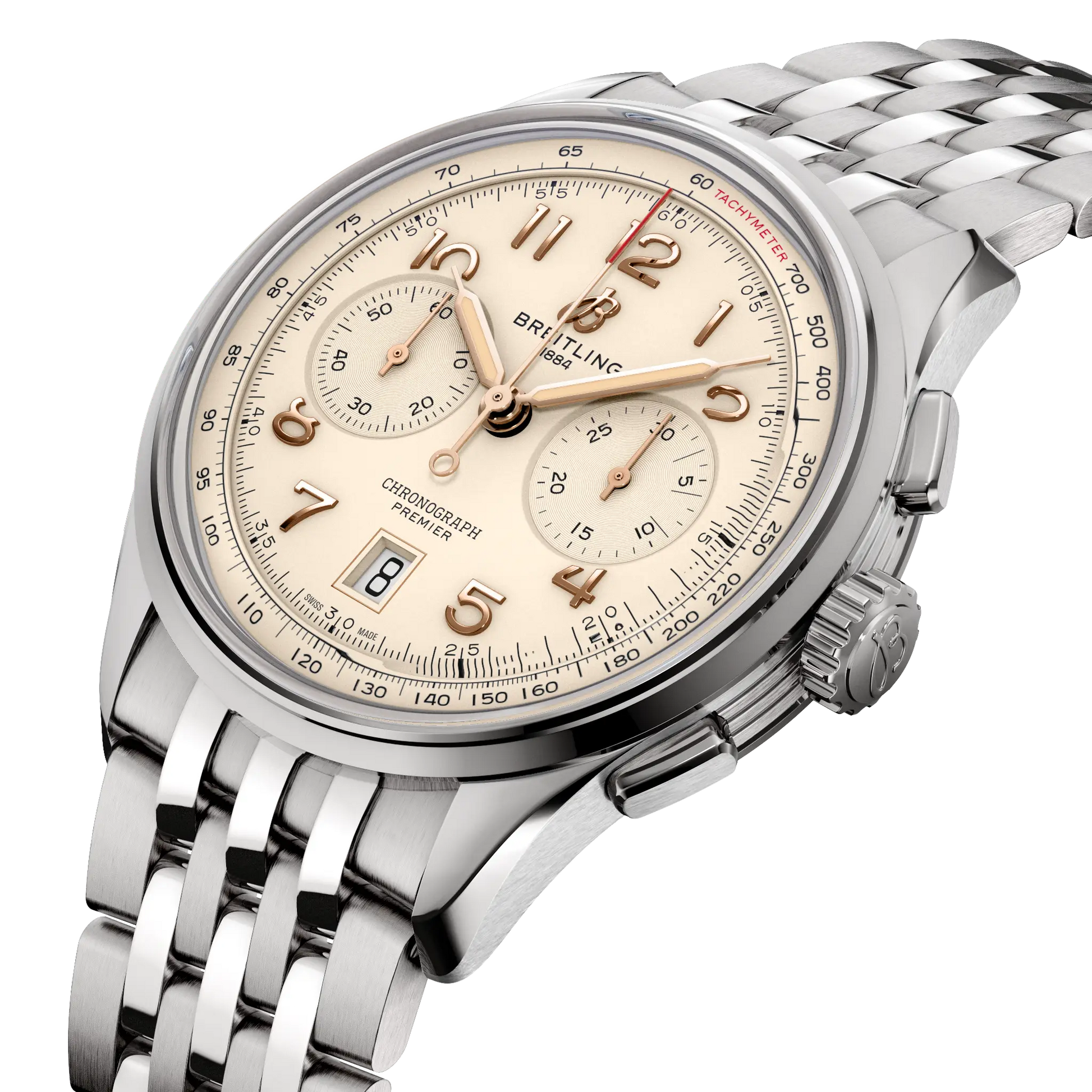 Breitling Premier B01 Chronograph 42 reference AB0145211G1A1 with Cream dial, Stainless steel case, bracelet, three-quarter view