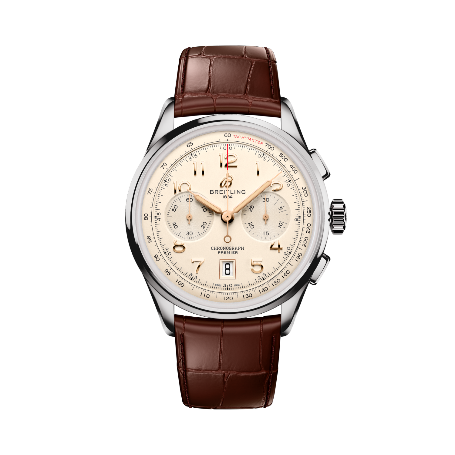 Breitling Premier B01 Chronograph 42 reference AB0145211G1P2 with Cream dial, Stainless steel case, alligator strap, front view