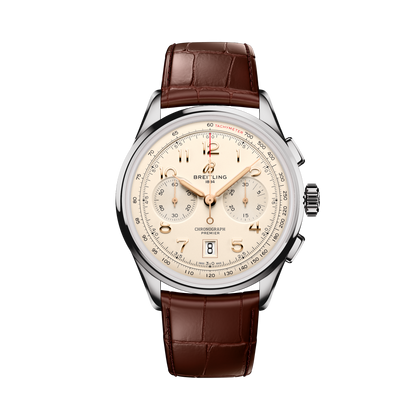 Breitling Premier B01 Chronograph 42 reference AB0145211G1P2 with Cream dial, Stainless steel case, alligator strap, front view