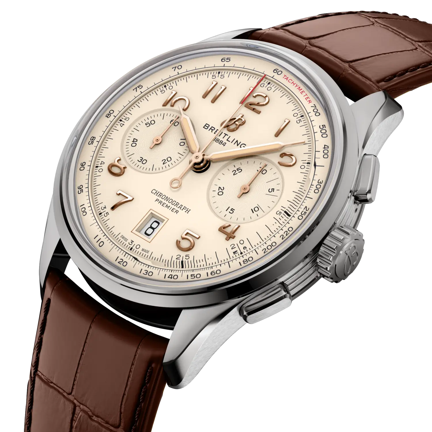Breitling Premier B01 Chronograph 42 reference AB0145211G1P2 with Cream dial, Stainless steel case, alligator strap, three-quarter view