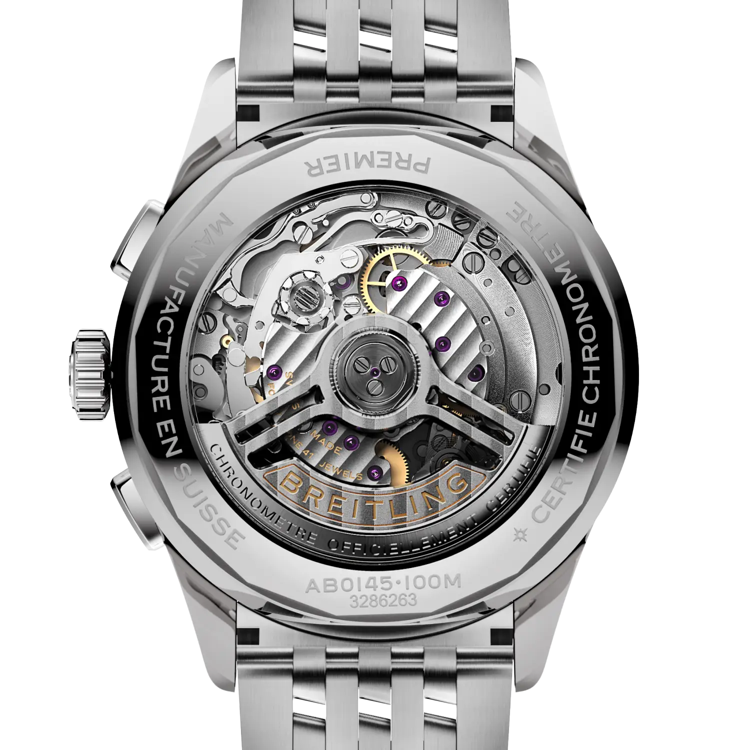 Caseback view of Breitling Premier B01 Chronograph 42 reference AB0145221B1A1