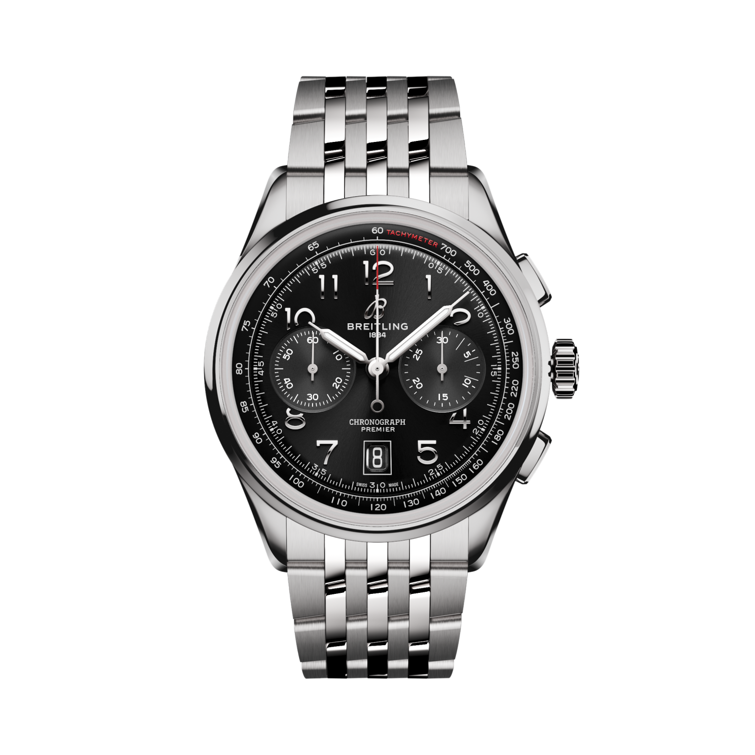 Breitling Premier B01 Chronograph 42 reference AB0145221B1A1 with Black dial, Stainless steel case, bracelet, front view