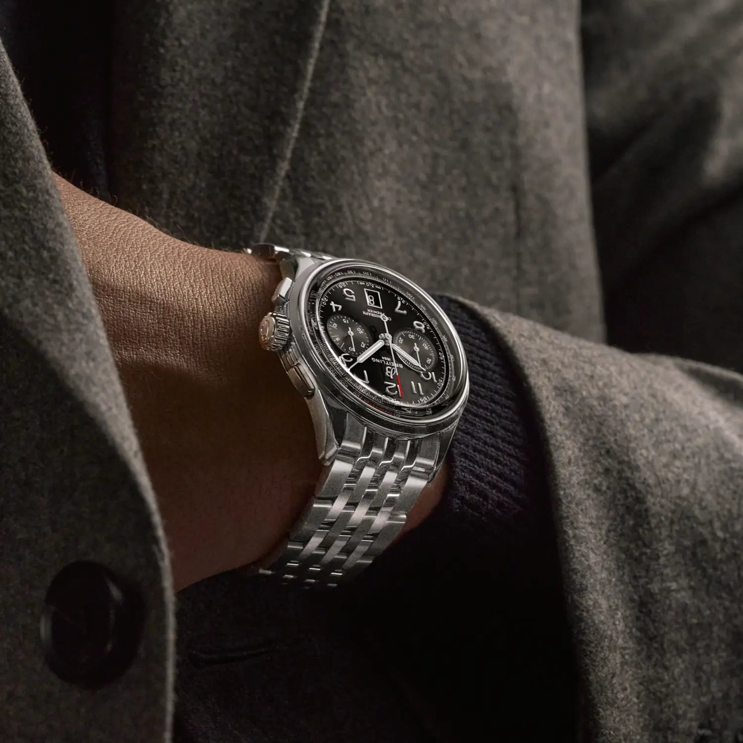 Breitling Premier B01 Chronograph 42 reference AB0145221B1A1 with Black dial, Stainless steel case, bracelet, on-wrist view