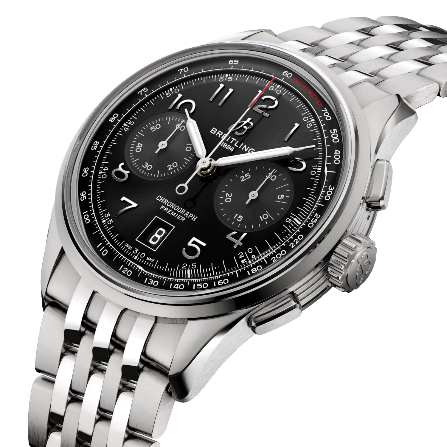 Breitling Premier B01 Chronograph 42 reference AB0145221B1A1 with Black dial, Stainless steel case, bracelet, three-quarter view
