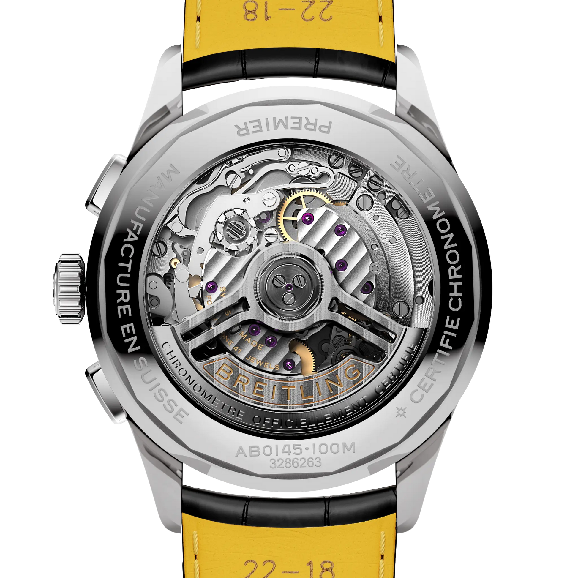 Caseback view of Breitling Premier B01 Chronograph 42 reference AB0145221B1P2