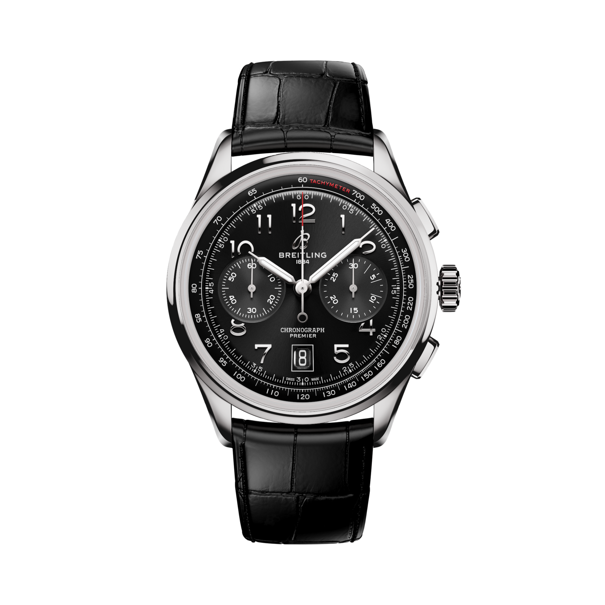Breitling Premier B01 Chronograph 42 reference AB0145221B1P2 with Black dial, Stainless steel case, alligator strap, front view